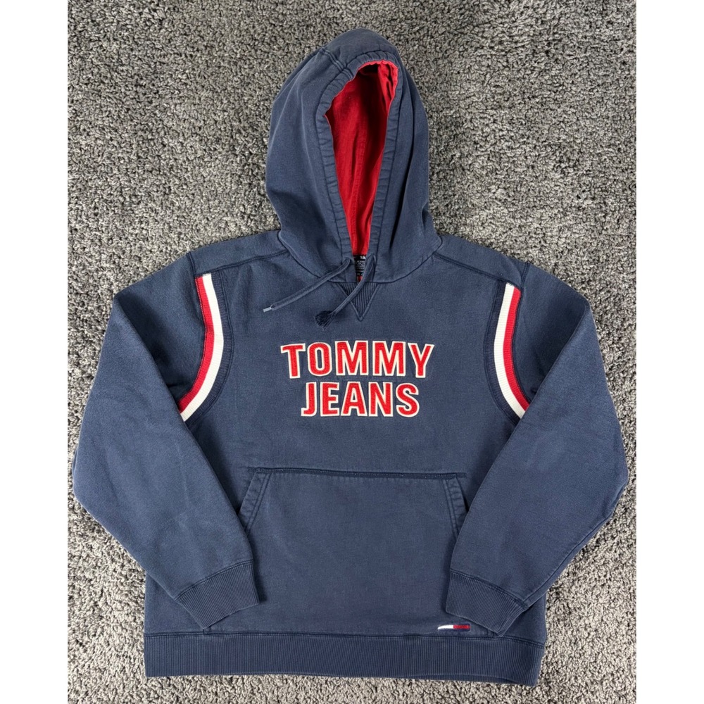 Vintage 90s Tommy Jeans Navy Blue Hooded Sweatshirt Mens Large Spellout Hoodie